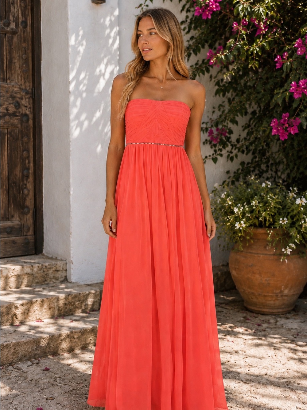 Minuet Vibrant Coral Strapless Dress
